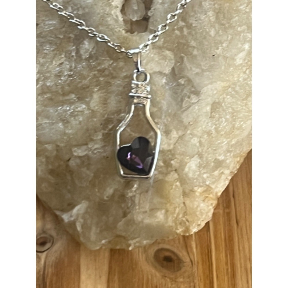 Amethyst Purple Crystal Gemstone Heart In Sterling Silver Bottle Necklace -New - Picture 1 of 13